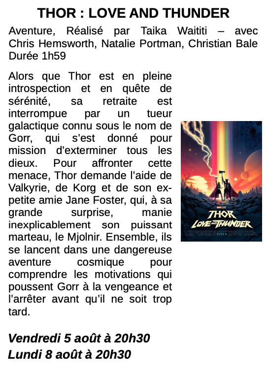 Au cinéma à Dunières,  du vendredi 5 août au lundi 8 août :