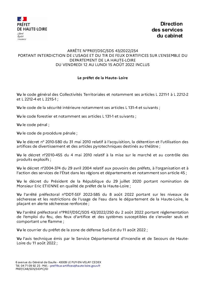 ⚠ Arrêté Préfectoral INTERDICTION de TIR DE FEUX D'ARTIFICES