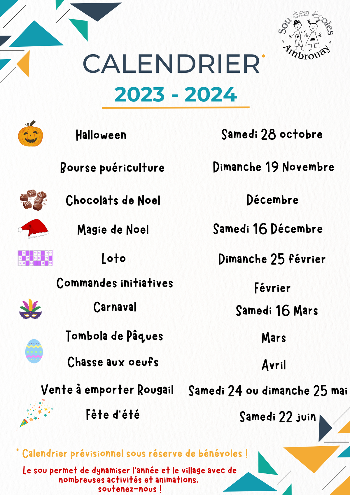 Calendrier prévisionnel 2023/2024