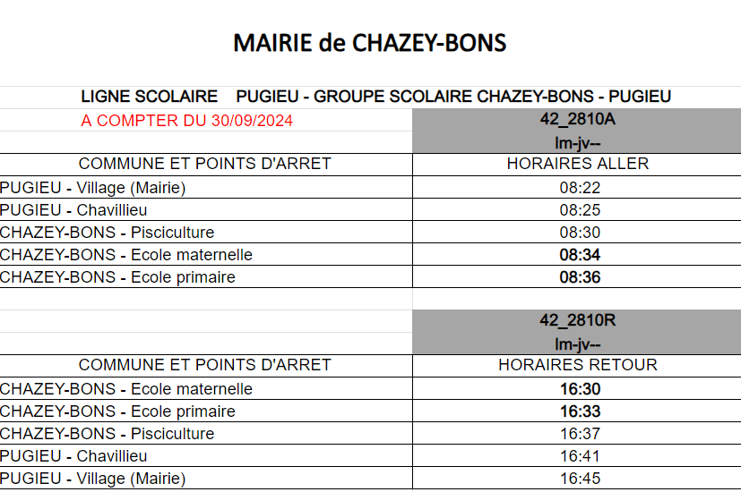 Changement Horaires Bus scolaire Pugieu -  Chazey-Bons