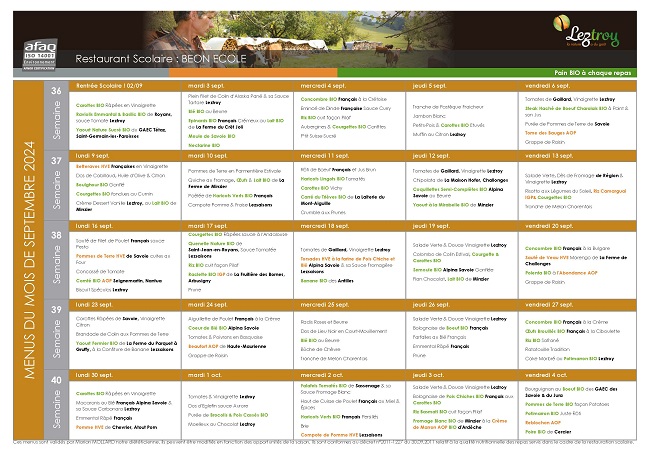 Menus cantine rentrée septembre 2024