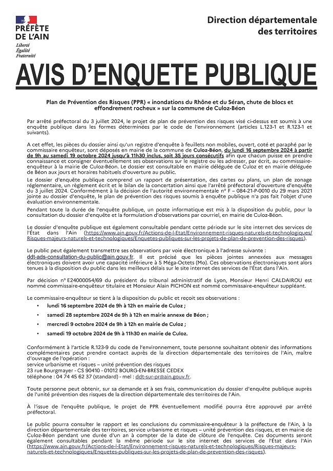 Avis d'enquête publique Plan Prévention des Risques