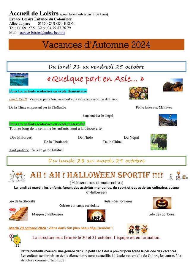 Programme vacances Toussaint Espace Enfance du Colombier