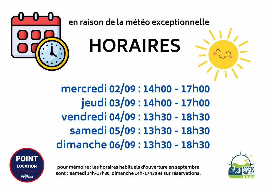 Affiche horaires 2-6 septembre 2026
