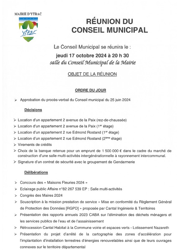 Conseil municipal d'Ytrac du jeudi 17 octobre 2024