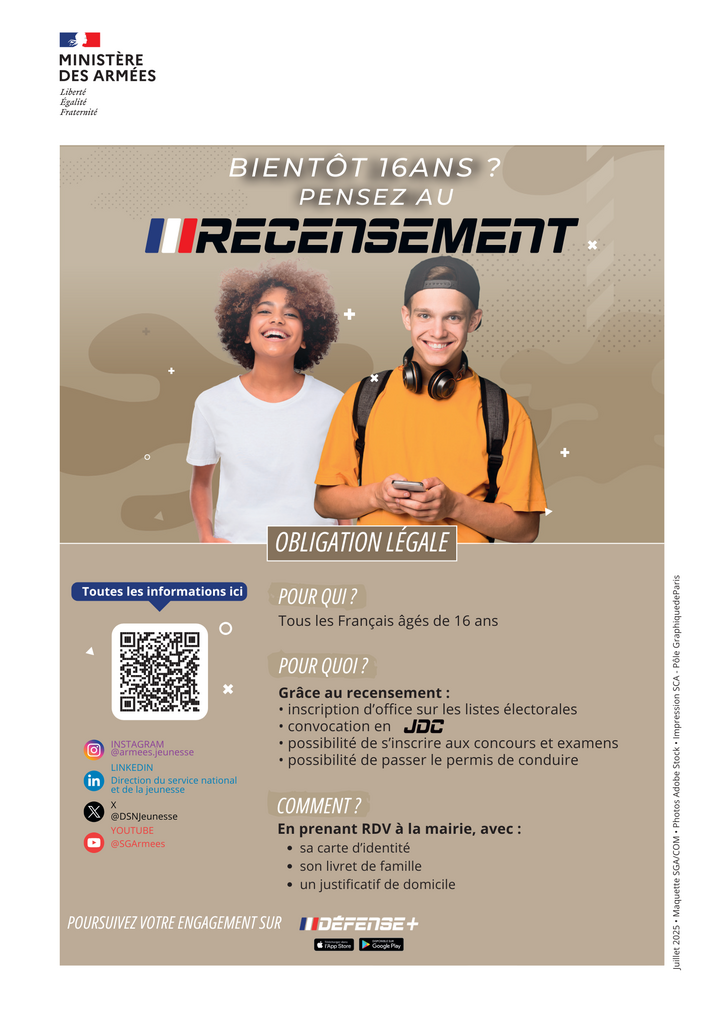 A partir de 16 ans : Recensement militaire