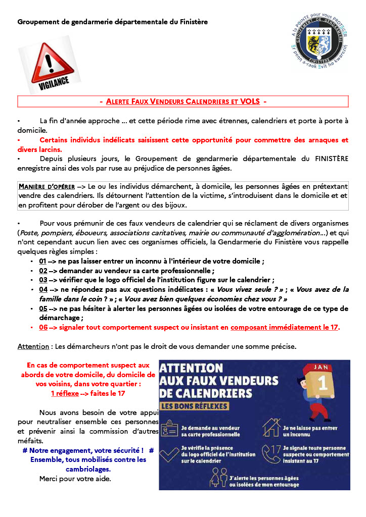 ALERTE FAUX VENDEURS DE CALENDRIERS ET VOLS