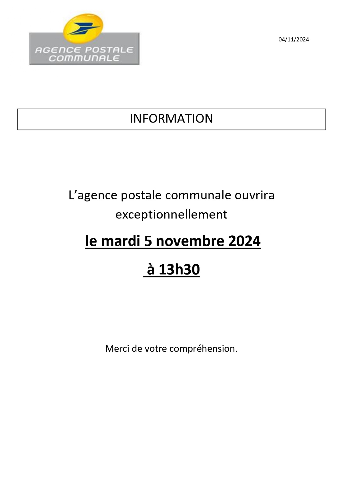 Modification horaire d'ouverture Agence Postale Communale