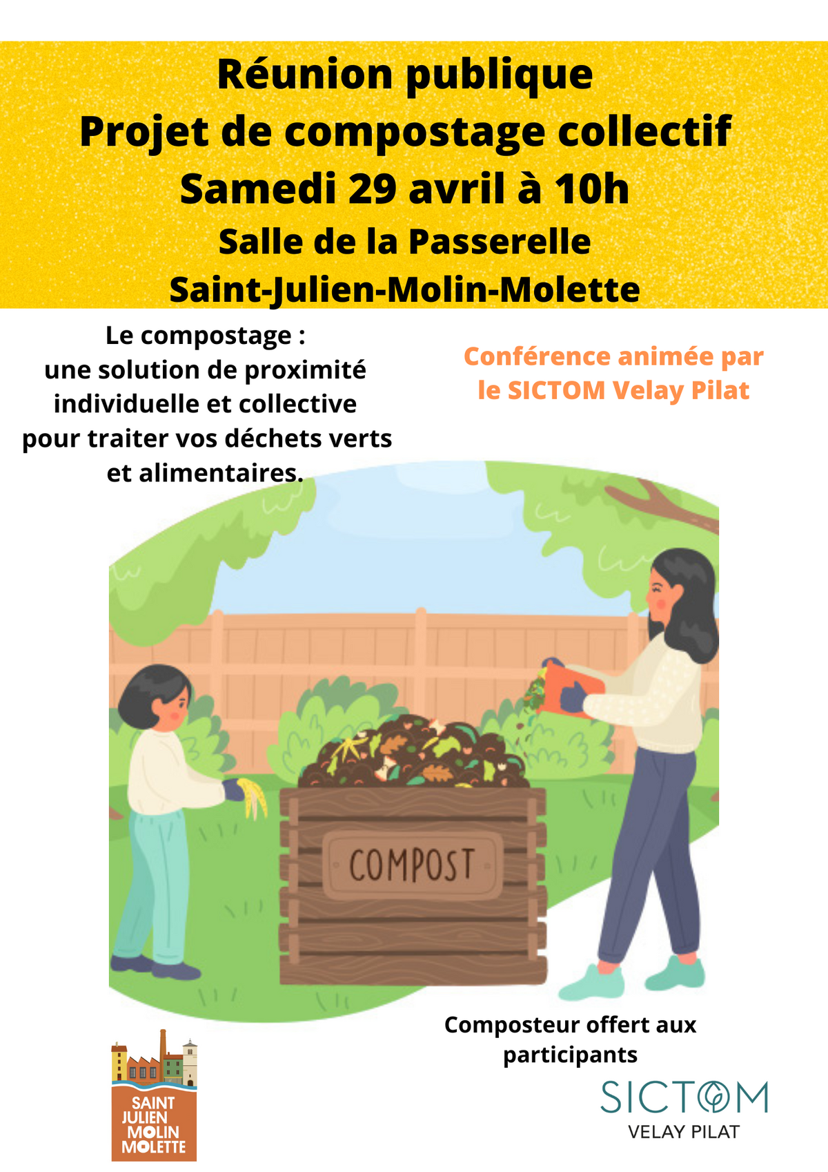 Réunion publique Projet de compostage collectif Samedi 29 avril à 10h Salle de la Passerelle Saint-Julien-Molin-Molette