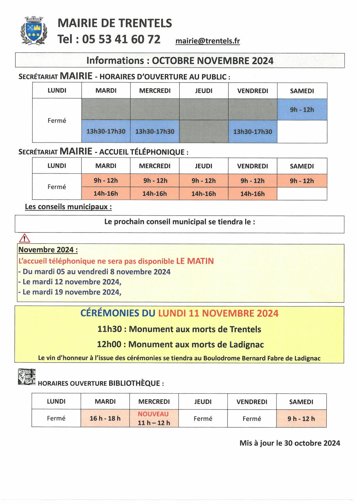 Attention accueil téléphonique réduit du 05 au 08 novembre