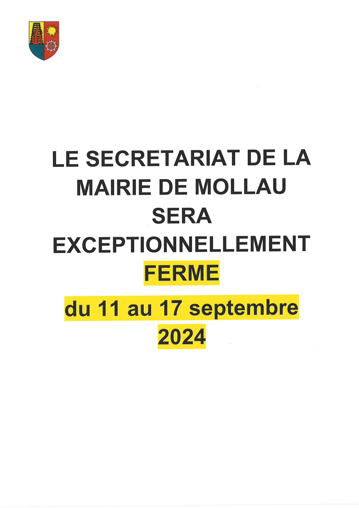 FERMETURE MAIRIE DU 11 au 17 SEPTEMBRE