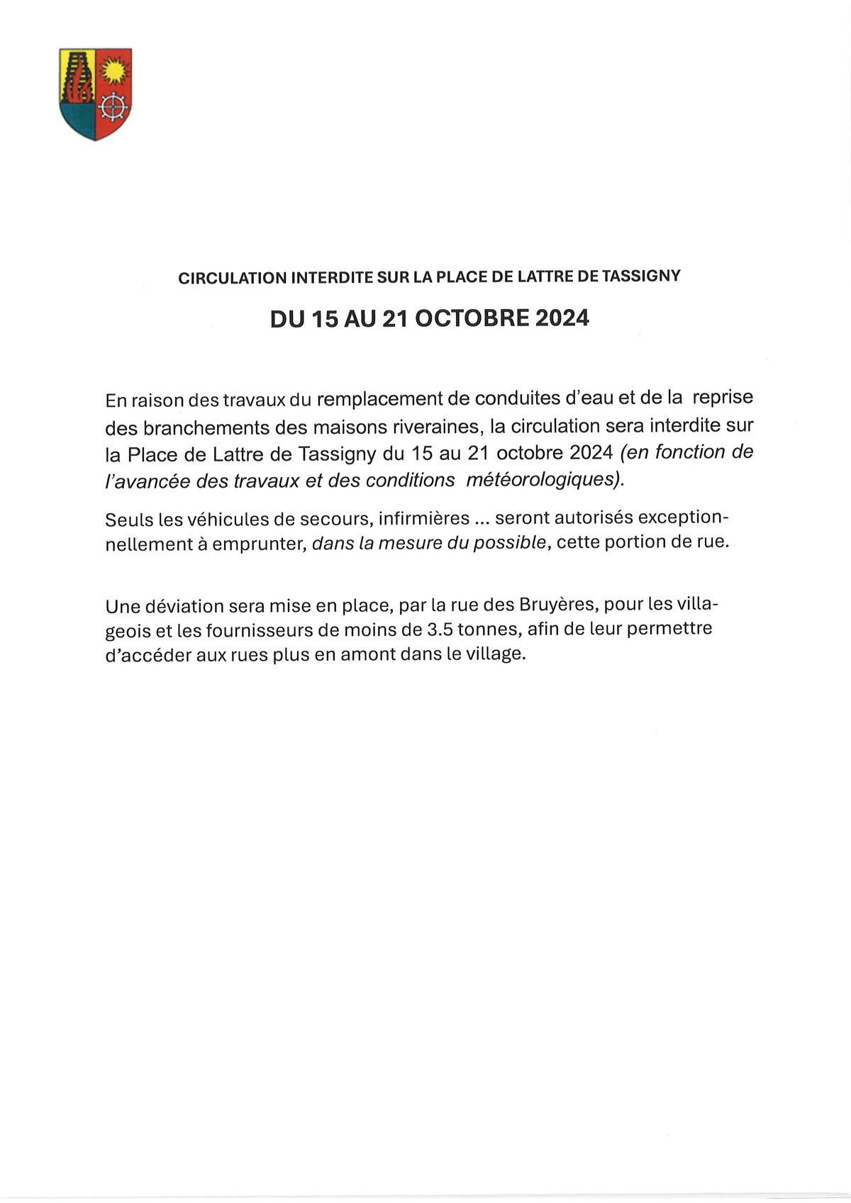 CIRCULATION INTERDITE SUR LA PLACE DE LATTRE DU 15 AU 21.10