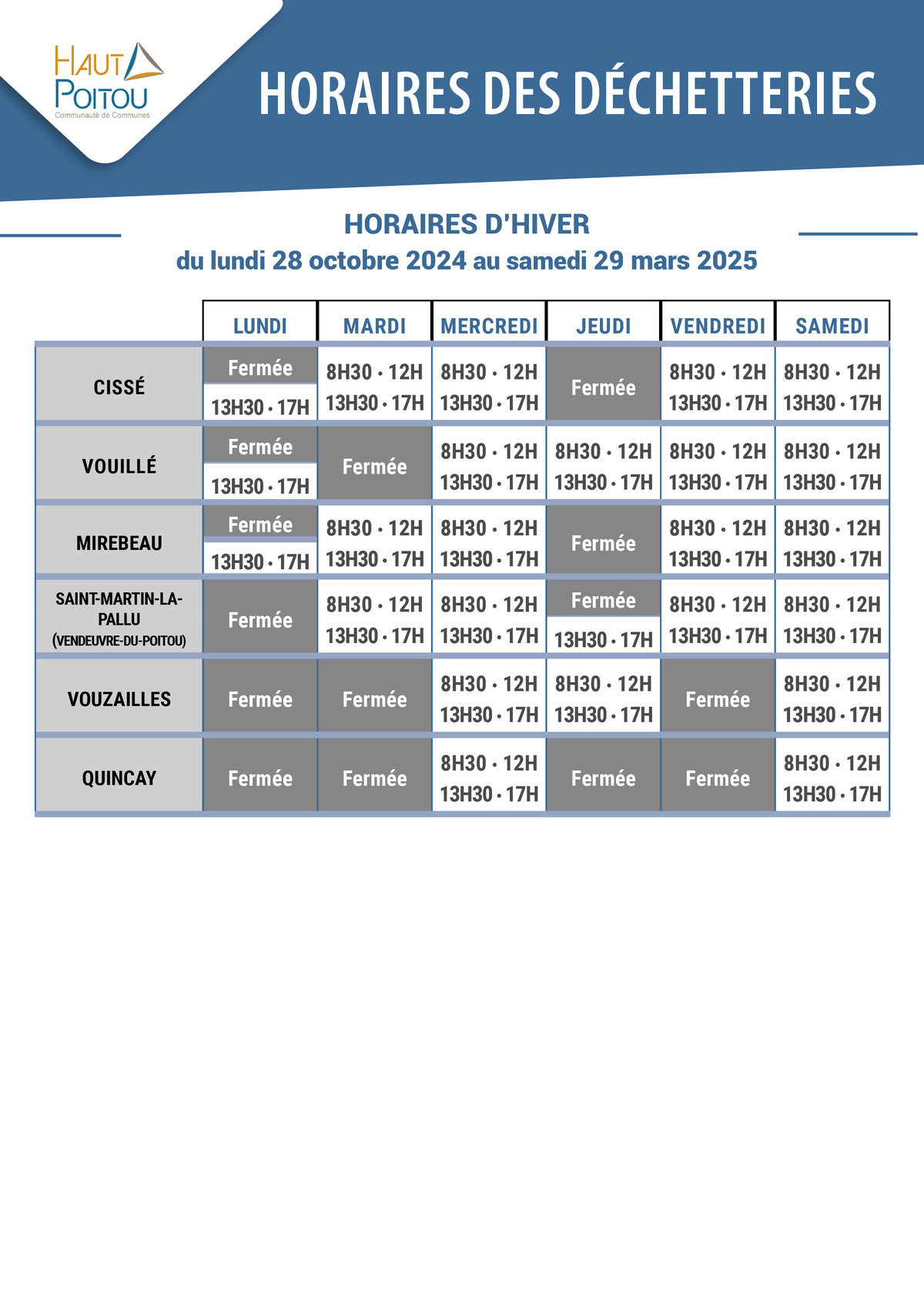 HORAIRES DECHETTERIES DU 28/10/2024 AU 29/03/2024