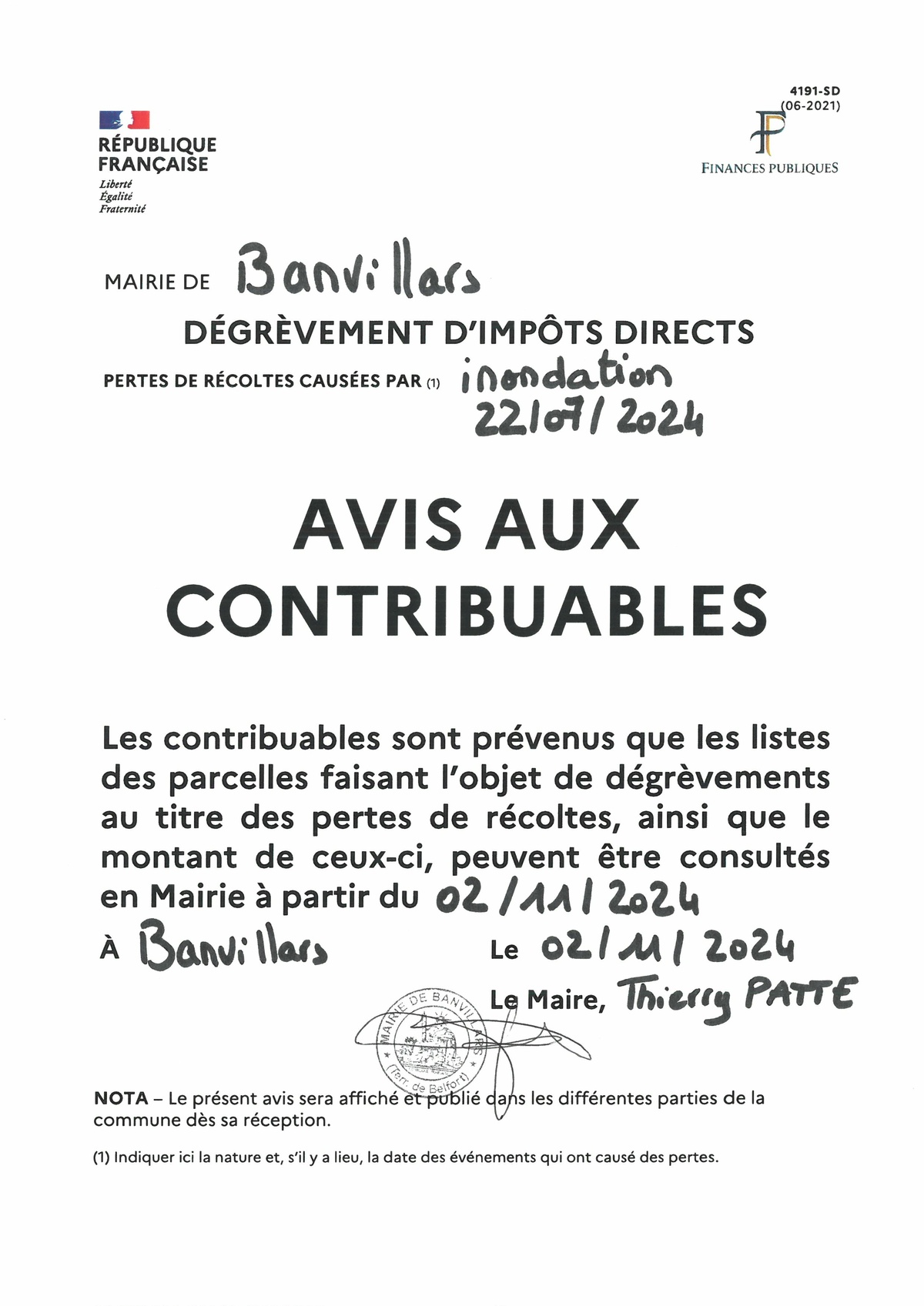 Avis aux contribuables